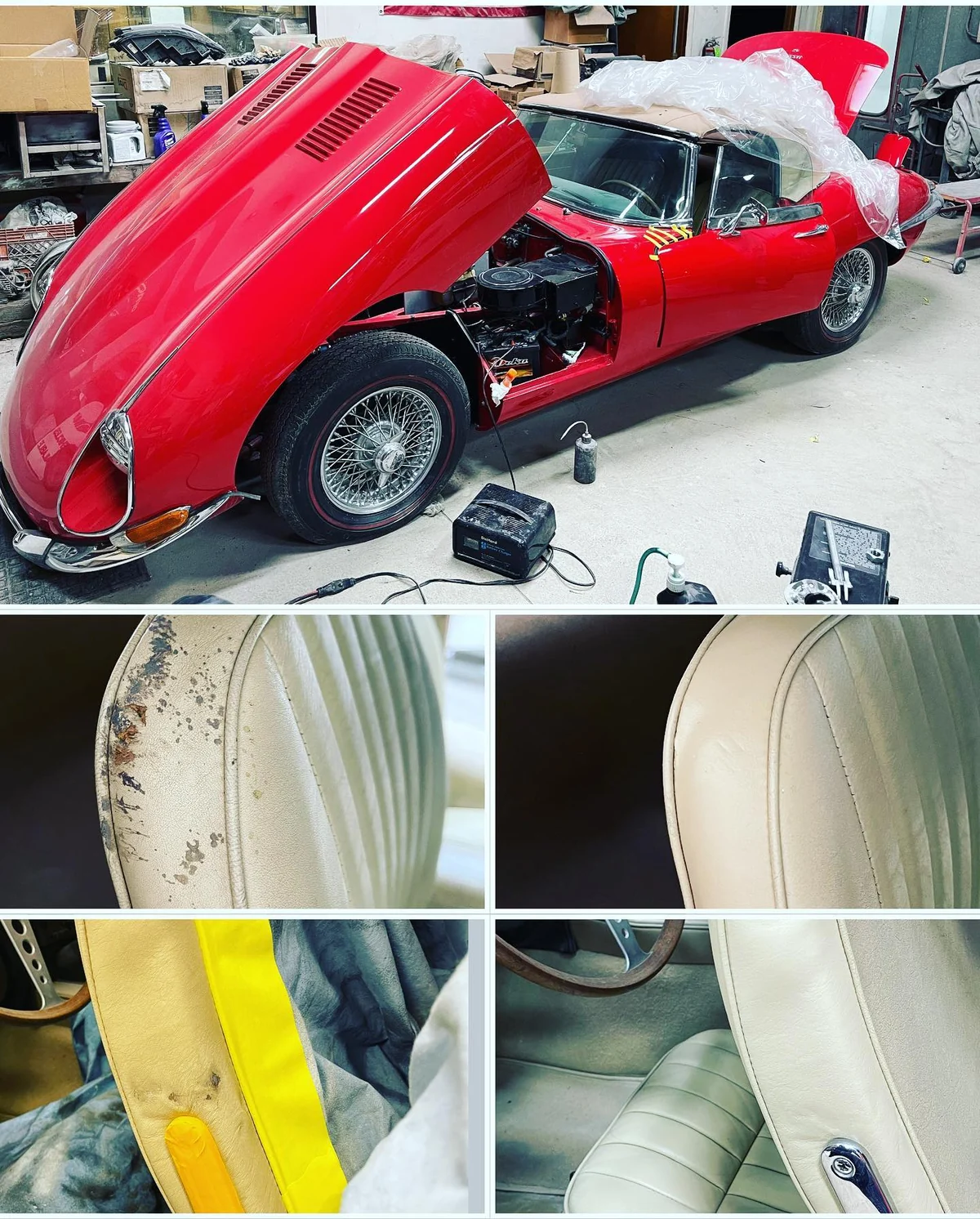 Classic red roadster in for interior work