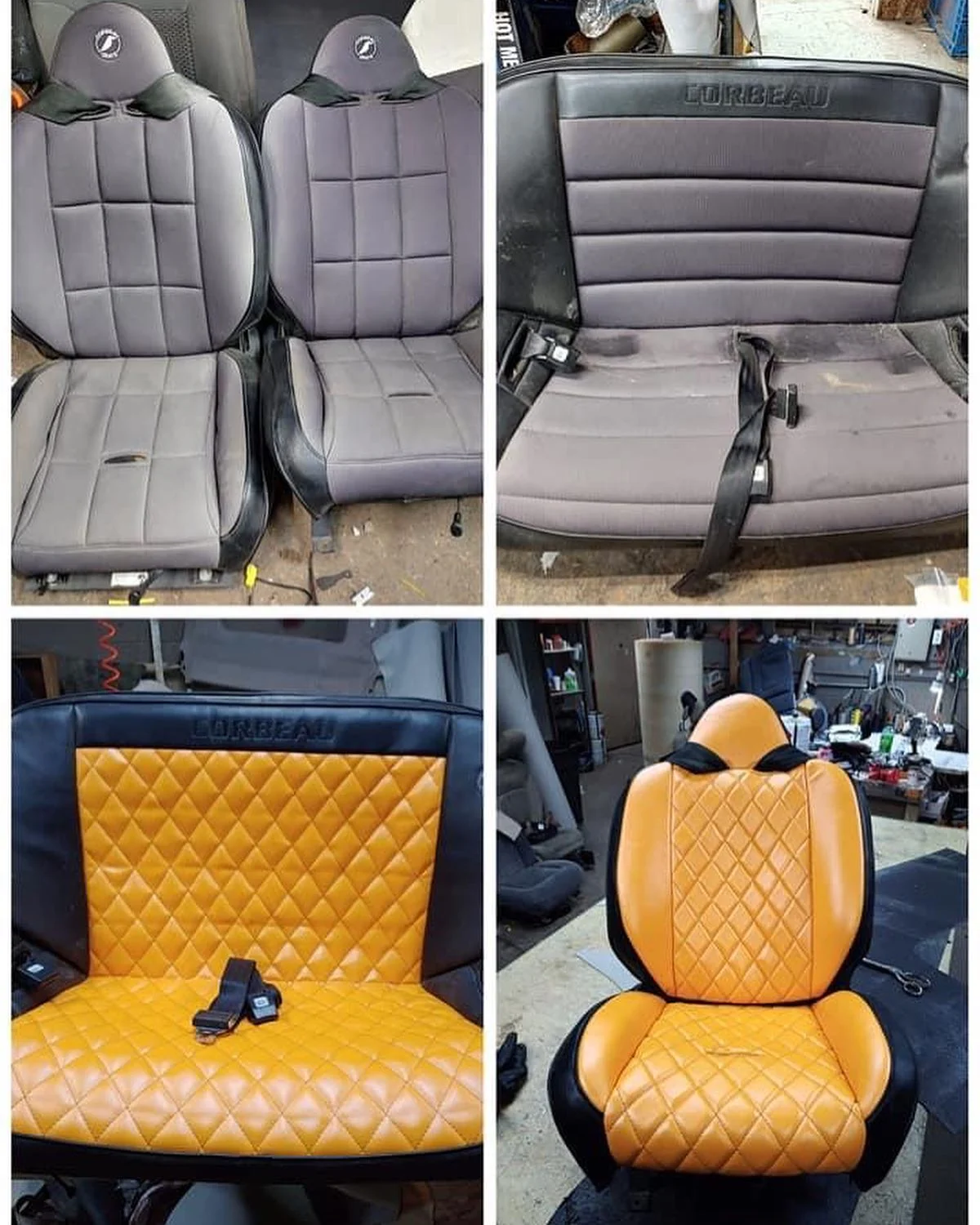 Custom diamond-stitched seats with orange inserts