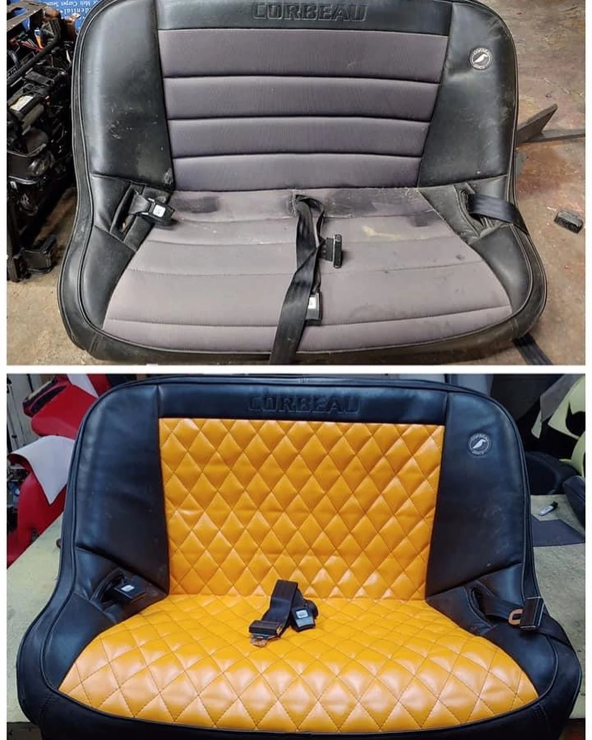 Custom orange diamond-stitched seats in a classic truck
